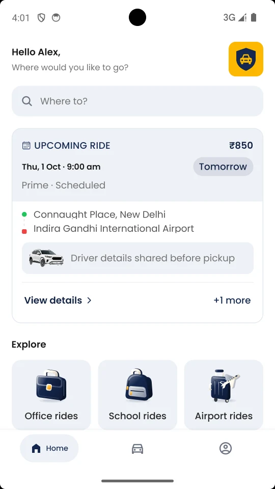 SNO Cabs home screen showing an example upcoming journey and office, school, and airport ride choices.